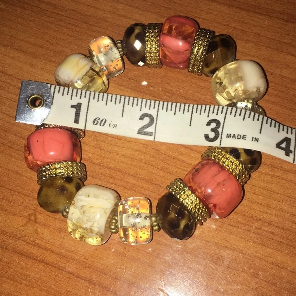 Vintage Chunky Elastic Bracelet Orange, Brown, Clear and Gold
